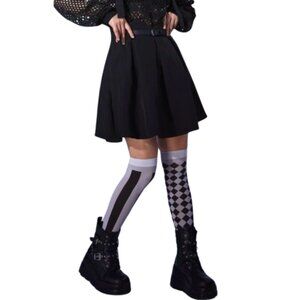 Chic Contrast Checkered & Striped Thigh-High Stockings